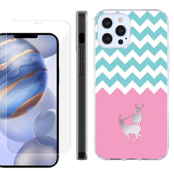 Slim Fit Protective Phone Case for Apple iPhone 12 / iPhone 12 Pro, with Tempered Glass Screen Protector, by OneToughShield ® - Chevron/Teal/Deer