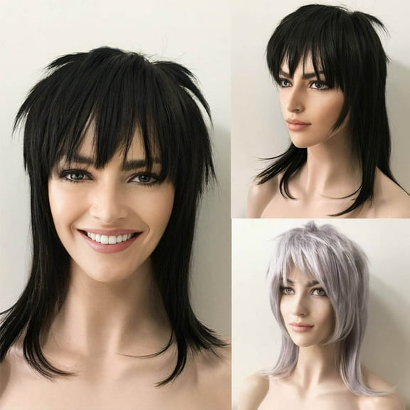 nevermindyrhead Black Mullet Wig, Shoulder Length Straight Rocker Punk Fancy Party Wig with Fringe Bangs