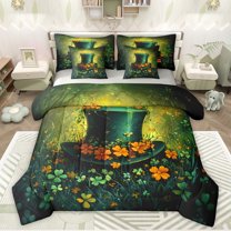 jejeloiu Lucky Spring Green Clover 7pcs Bedding Comforter Set,St Patricks Day Queen Bedding Sets,Green Orange Flowers Queen Sheet Sets For Girls Kids,Super Cozy Room Decor Reversible