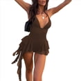 thumbnail image 3 of Body de Tirantes Finos para Mujer, Cuello en V con Cordones, Top Halter, Pantalones Cortos con Volantes, Mono para Fiesta en Club. Marrón S, 3 of 6
