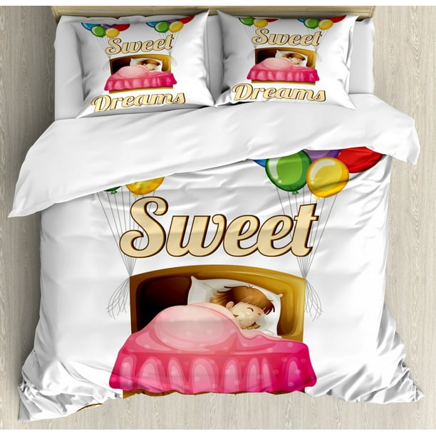 Sweet Dreams King Size Duvet Cover Set, Cartoon Girl Sleeping in Bed