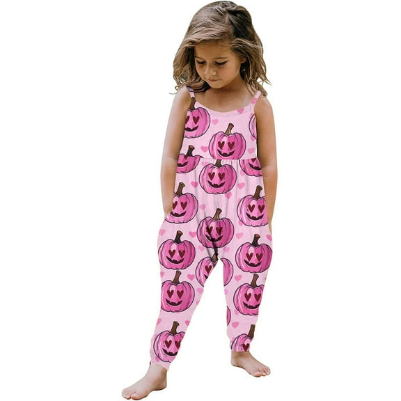 GPAECEAD Halloween 2024 Fall Girl Pumpkin Ghost Print Overalls Baggy Jumpsuit Spider bat Loose Fit Romper Pants with Pockets Pink