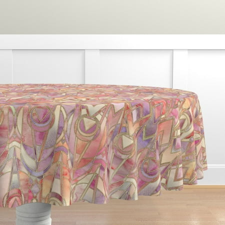 

Cotton Sateen Tablecloth 90 Round - Coral Art Deco Large Nouveau Geometric Peach Collage Watercolor Marble Gold Diamond Home Decor Print Custom Table Linens by Spoonflower