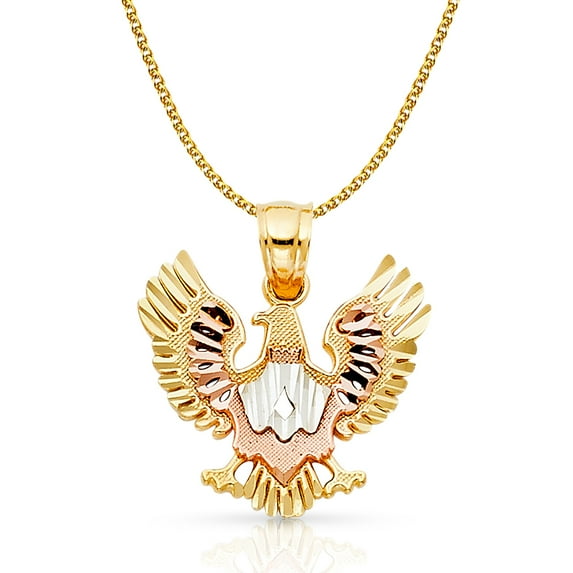 14K Tri Color Gold Eagle Charm Pendant with 1.5mm Flat Open Wheat Chain Necklace - 20"