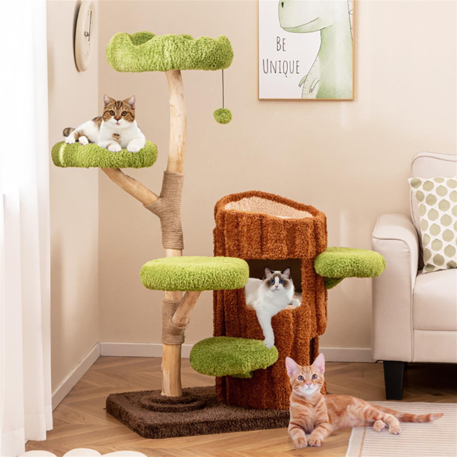 resenkos 55" Cat Tree Tower with Dual Condos for Indoor Cats, Plush Cat House with Padded Perch, Scratching Panel and Posts, Brown