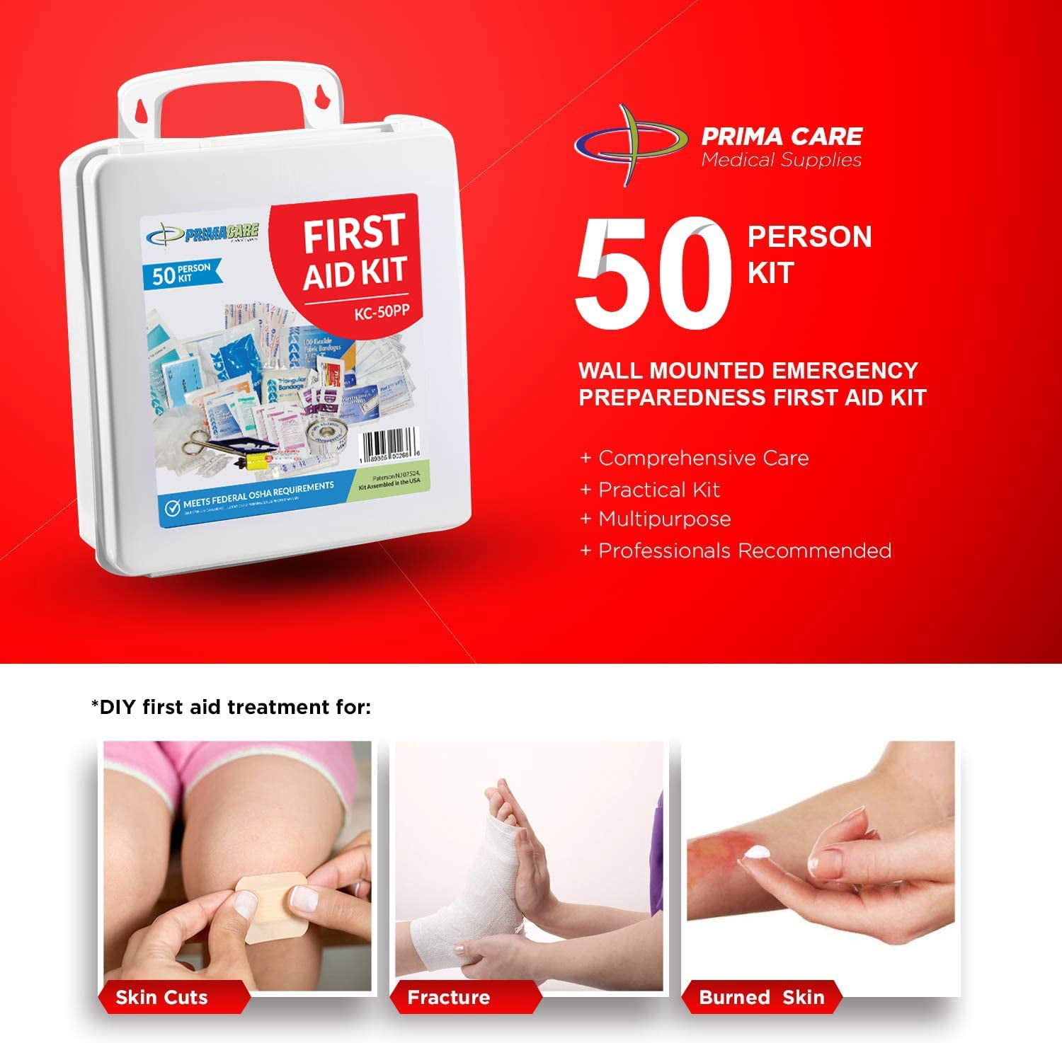 Primacare KC-50PPWM 50 Person Compact First Aid Kit with 232 Pieces Emergency Medical Supplies, Portable Kits for Home, School and Office, Wall Mount, 10x10x3 inches