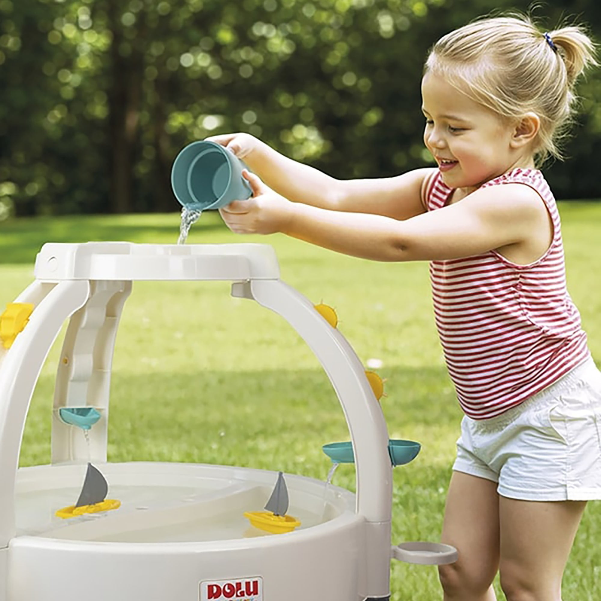 Dolu: Fun Fountain Water Table: White, Green, Yellow - Sand & Water Activity Table, Indoor/Outdoor, Durable Plastic, Sensory Toy, Toddler Kids Ages 2+