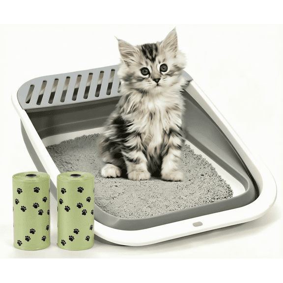 Yang Panpan Large Foldable PP Cat Litter Box Furniture with 2 Rolls of Paw Print Biodegradable Bags, Gray