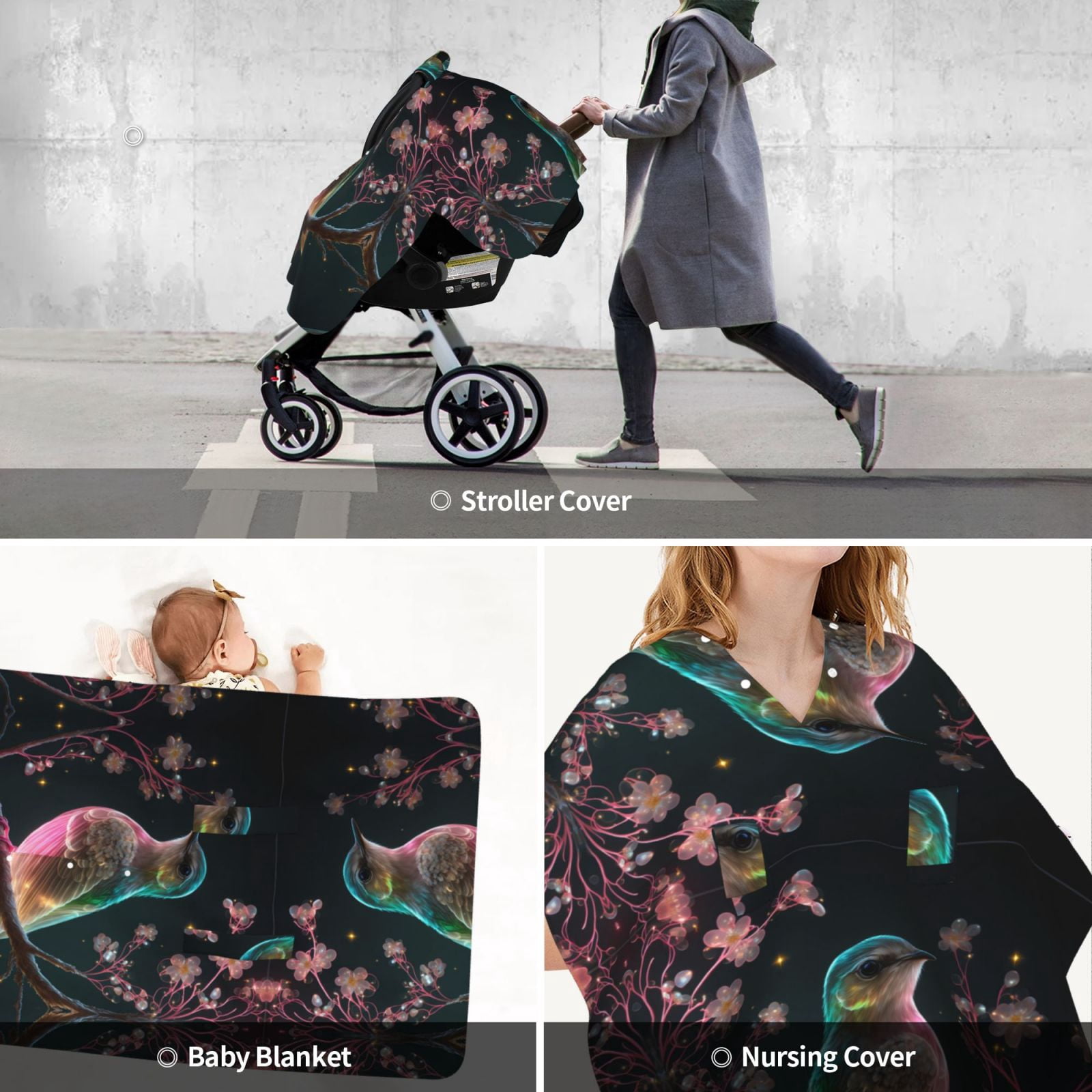 Car Seat Cover Baby - Pink Patterned Bird D Breathable Infant Car Seat Cover for Baby Carseat, Lightweight Comfort Baby Essentials Must Haves Newborn Stuff for Girl Boy