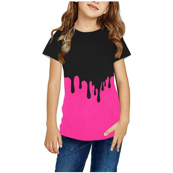 Pvkarhg Shirts for Teen Girls Trendy Crew Neck Colorblock Graphic Tees Casual Loose Short Sleeve Basic Blouses Comfy Soft Summer Tops 2025 Hot Pink 4-5 Years