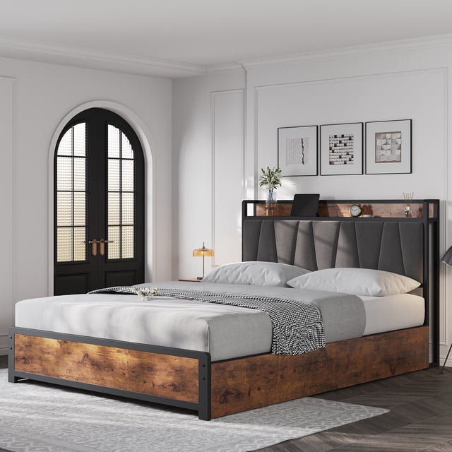 CazToi Full Size Platform Bed with Charging Headboard & 4 Storage Drawers Linen Upholstered No Box Spring Needed