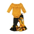 thumbnail image 3 of Xingqing 2Pcs Infant Baby Girls Clothes Knit Long Sleeve Ruffle Off Shoulder Romper Flowers Flared Pants Sets, 3 of 8