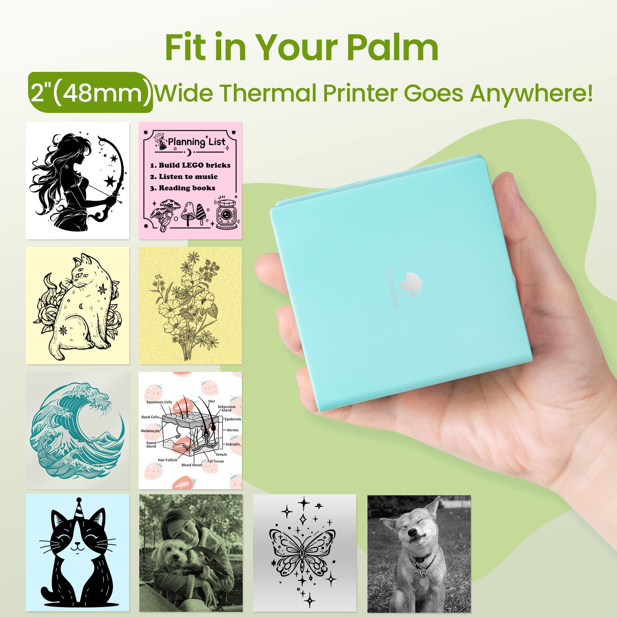 Phomemo Mini Sticker Printer - M02 Label Maker, Portable Bluetooth Thermal Inkless Printer for Notes, Gifts, Journals, Planners, Scrapbooking, and Creative Projects (Green)