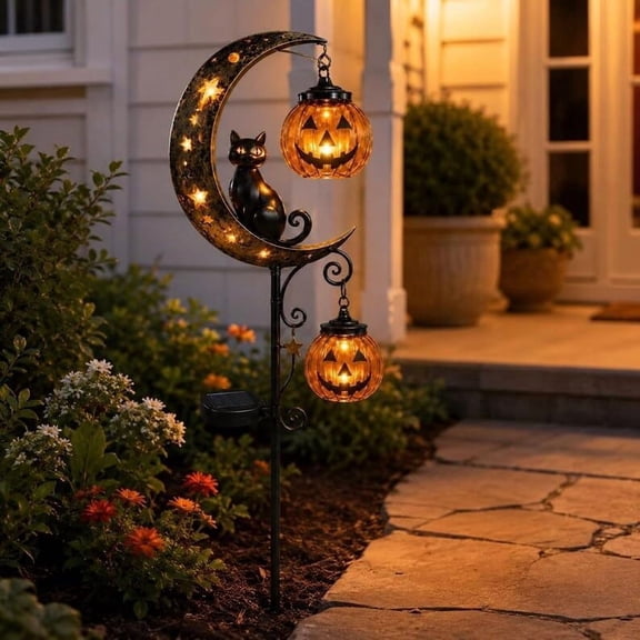 Solar Halloween Black Cat & Pumpkin Moon Garden Stake Light, Halloween Garden Decorations Outdoor, Hanging Pumpkin Lantern, Outdoor Decor for Yard Pathway Patio(Style A)