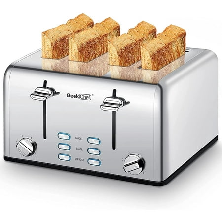 

Geek Chef 4 Slice Toaster Extra Wide Slot Toaster Stainless Steel with Dual Control Panels of Bagel/Defrost/Cancel Function 6 Toasting Bread Shade Settings Removable Crumb Trays Auto Pop-Up Sliver