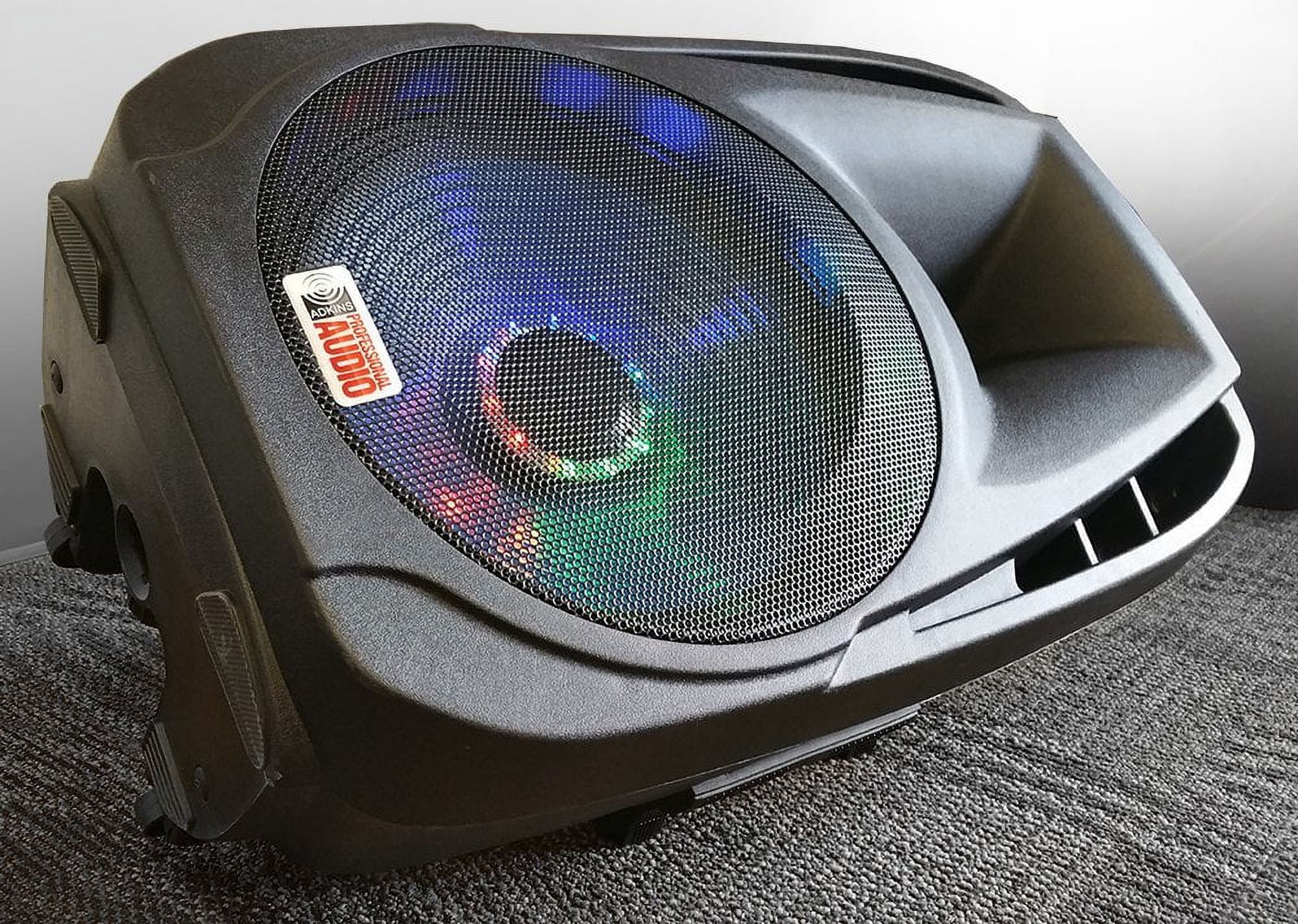 Lighted Powered 15" DJ Speaker - 800 Watts - Bluetooth, MP3, USB, SD, FM Radio or plug in your laptop or iPhone - Plug and Play - Light Show Included - Adkins Professional Audio