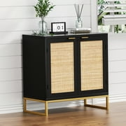 Eumyviv Modern Accent Sideboards Cabinets with 2 Rattan Doors, Mid-Century Buffets Storage Credenzas for Bedroom Living Room, Black H0046