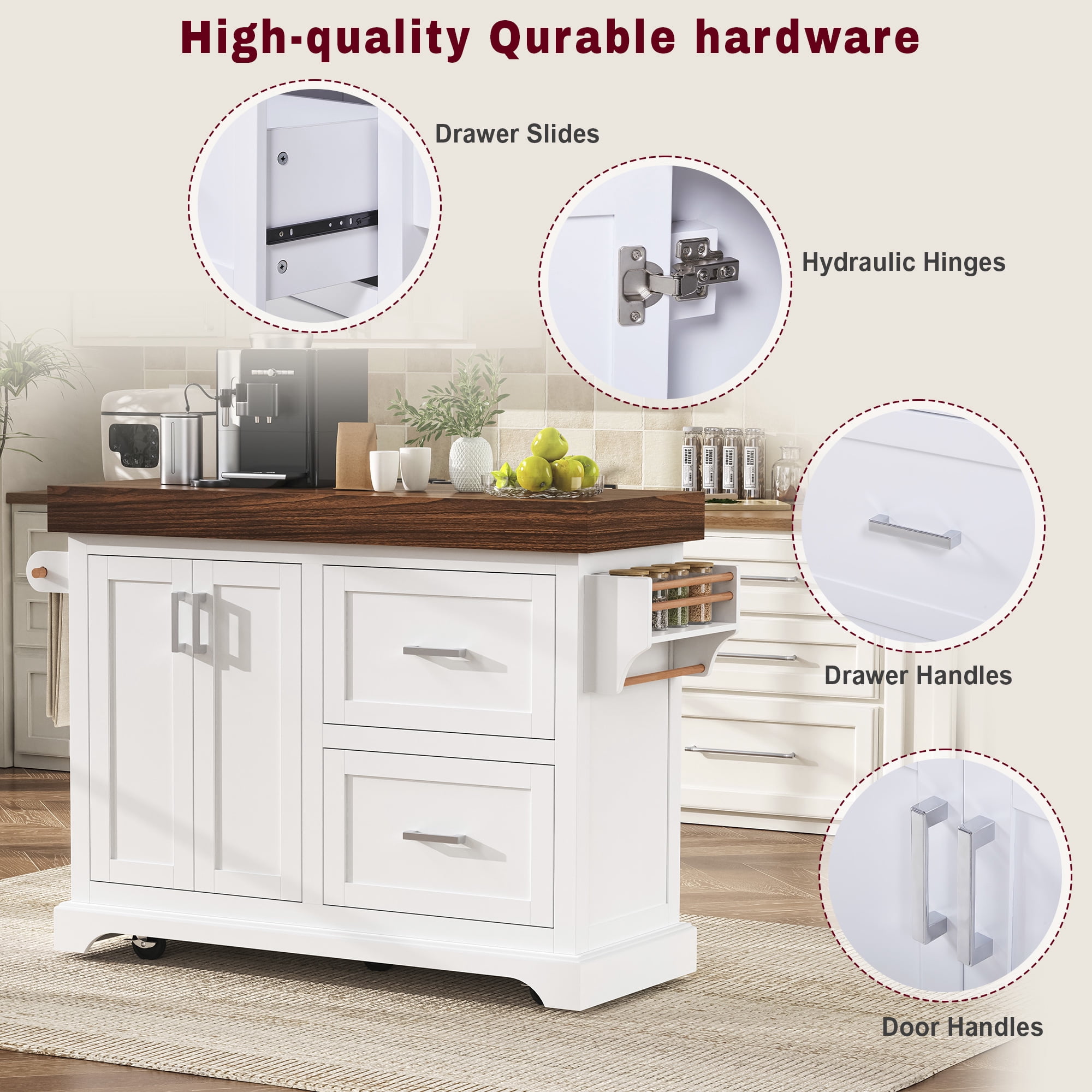 Alvantor Large Kitchen Island with Drop Leaf, 53" W Rolling Kitchen Cart with 3.5" Thick Desktop for Dining Room White