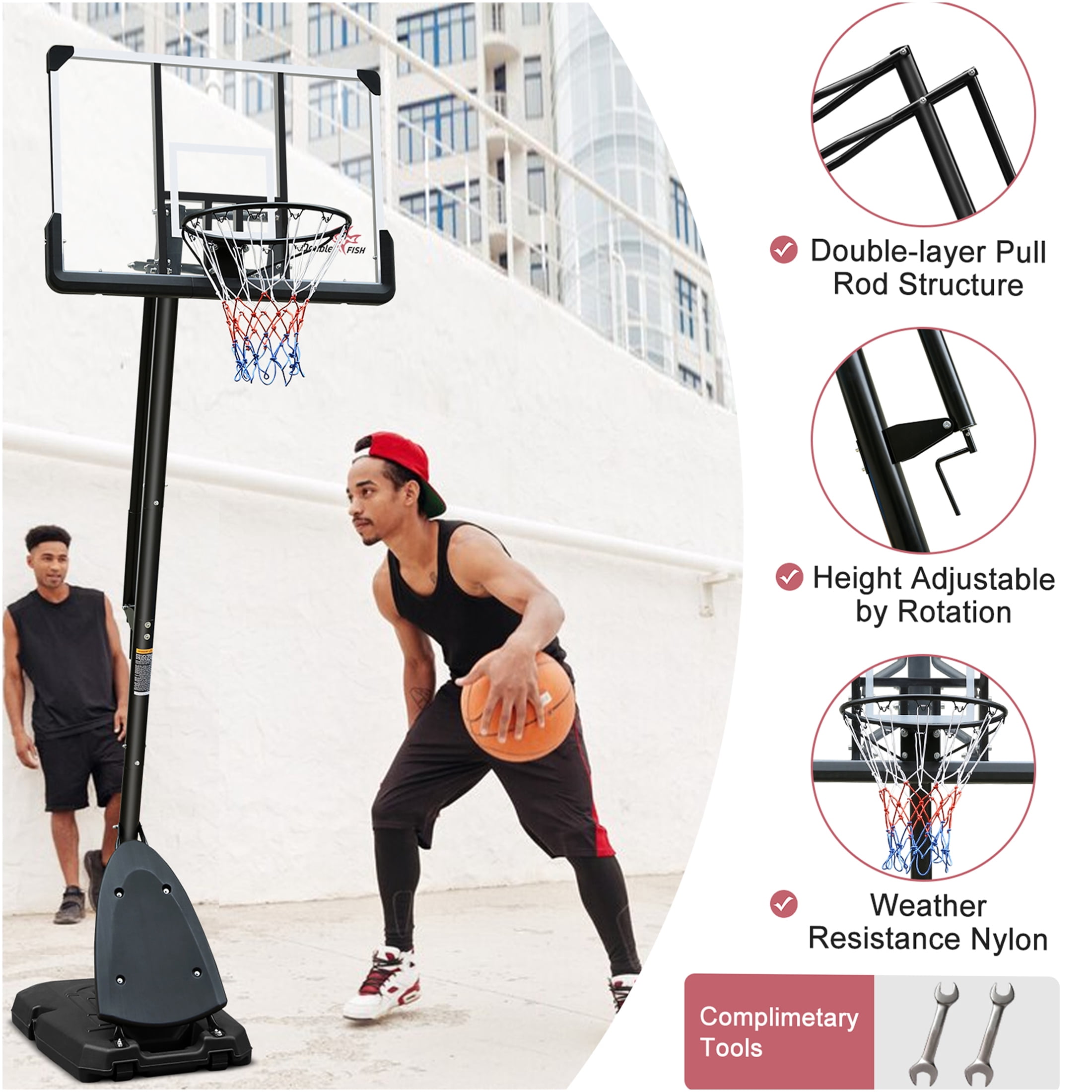 JERFIT 44" Portable Basketball Hoop System with Wheels, Height Adjustable 7.5-10ft Goal Post for Outdoor Indoor Use, Includes Sand/Water Base