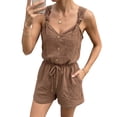 thumbnail image 2 of Womens Romper Sleeveless Spaghetti Strap Linen Overalls V Neck Button Front Drawstring Waist Jumpsuit Shorts with Pockets Brown XS, 2 of 4