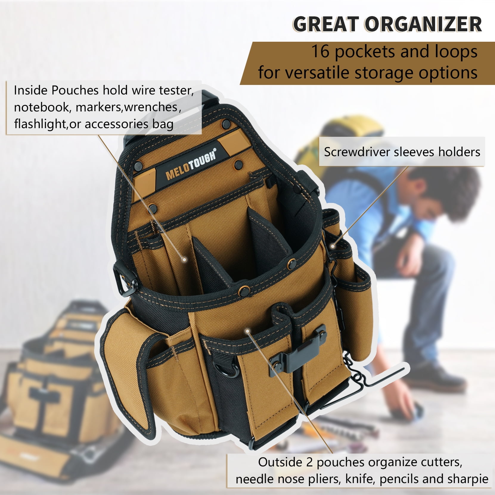 MELOTOUGH Electrician Tool Pouch Bag with Shoulder Strap Professional 15 Pockets Tool Pouch with Belt Clip Quickly Attach and Release Tool Bag