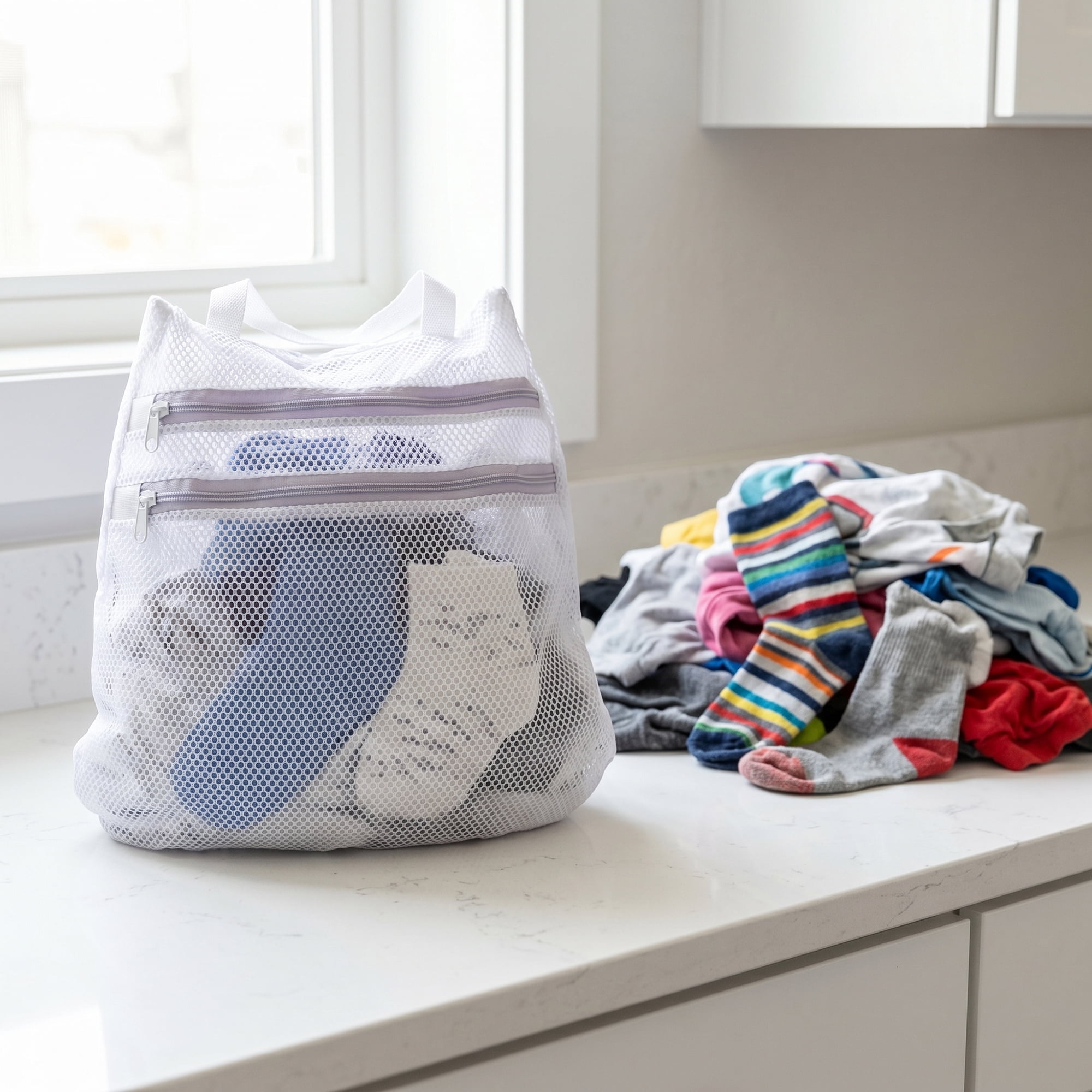 Unique Bargains 2 Pcs Mesh Laundry Bags, Durable Zipper Closure White-Purple 11.8"x11.8"