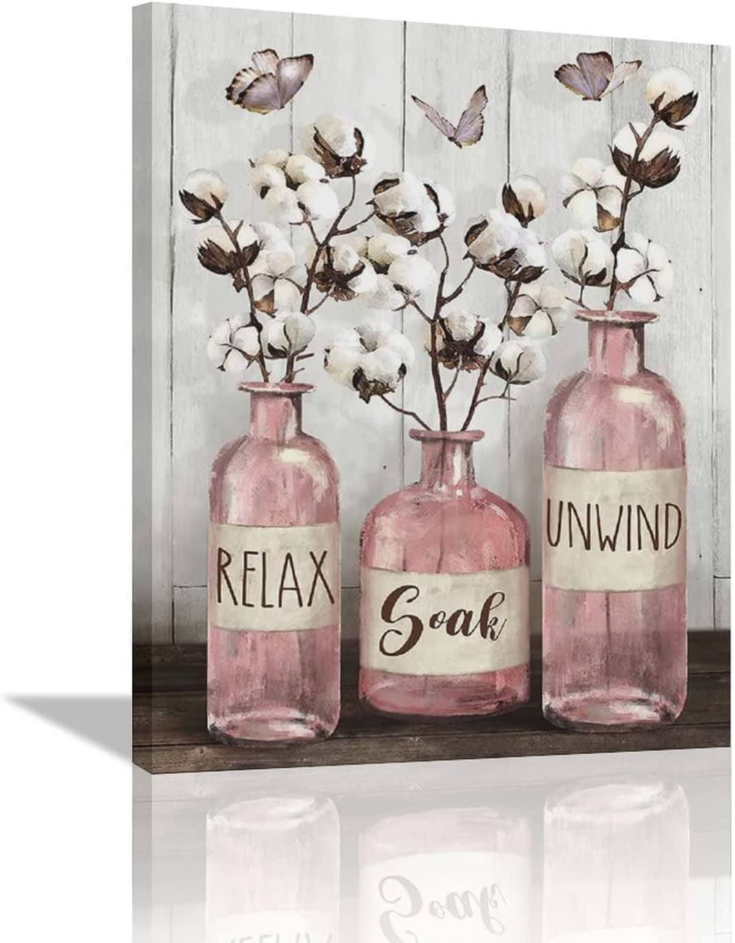 Farmhouse Bathroom Decor Wall Art Rustic Cotton Pink Jar Bathroom Pictures for Wall Country Bathroom Canvas Prints Relax Soak Unwind Signs Painting Modern Artwork Home Decor for Bathroom 12"x16"