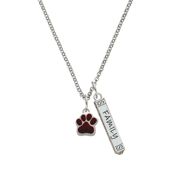 Delight Jewelry Silvertone Small Maroon Paw Silvertone Family Bar Charm Necklace, 23"