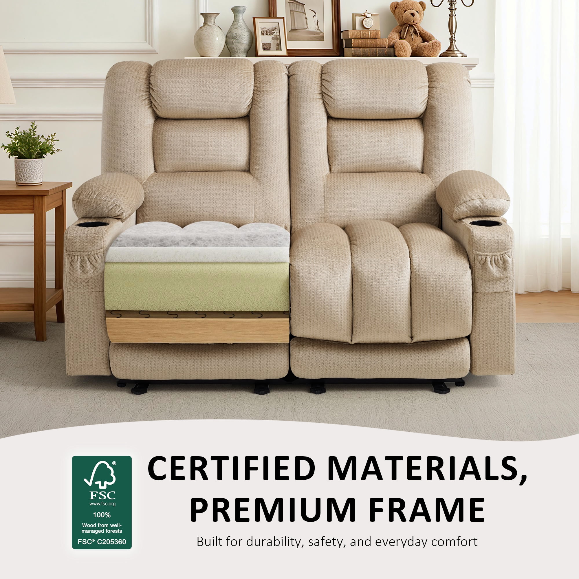 MCombo 55.9" Power Loveseat Recliner Sofa with Heat and Massage for Living Room, Home, Fabric(Midium Beige)