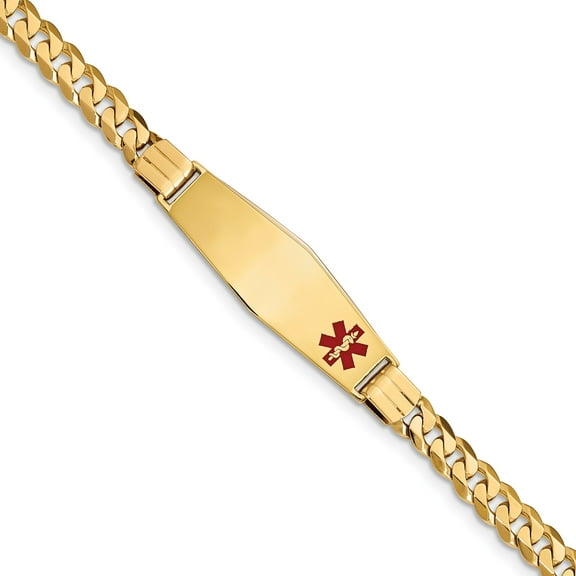 14K Medical Soft Diamond Shape Red Enamel Curb Link ID Bracelet in 14k Yellow Gold