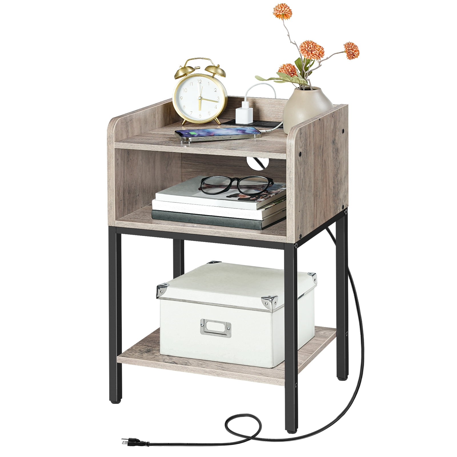 HOOBRO Nightstand with Charging Station & Drawer, Greige