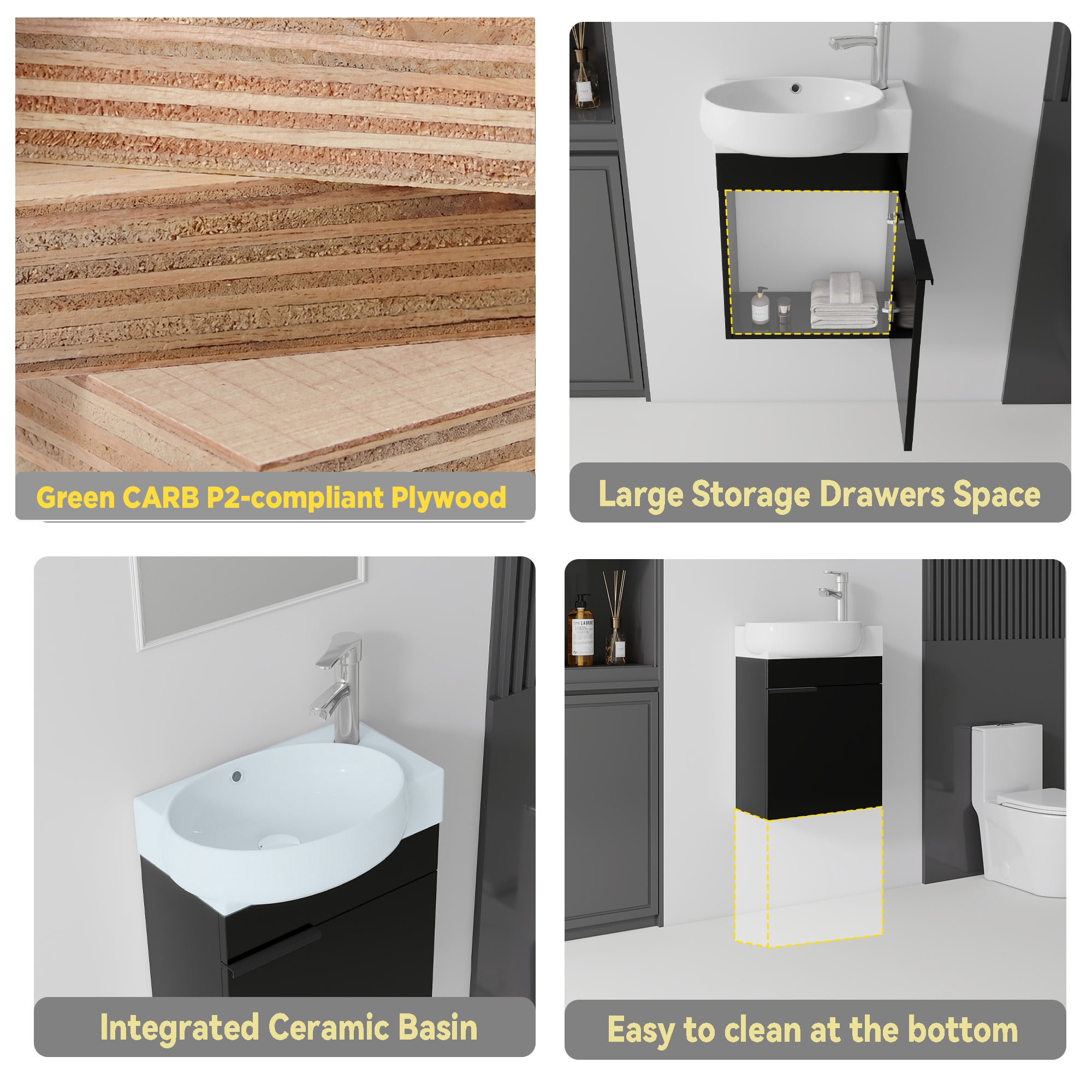 Leumius 16" Wall-Mount Bathroom Vanity Cabinet with with Ceramic Sink & Soft‑Close Doors for Small Space,Bathrooms,Black