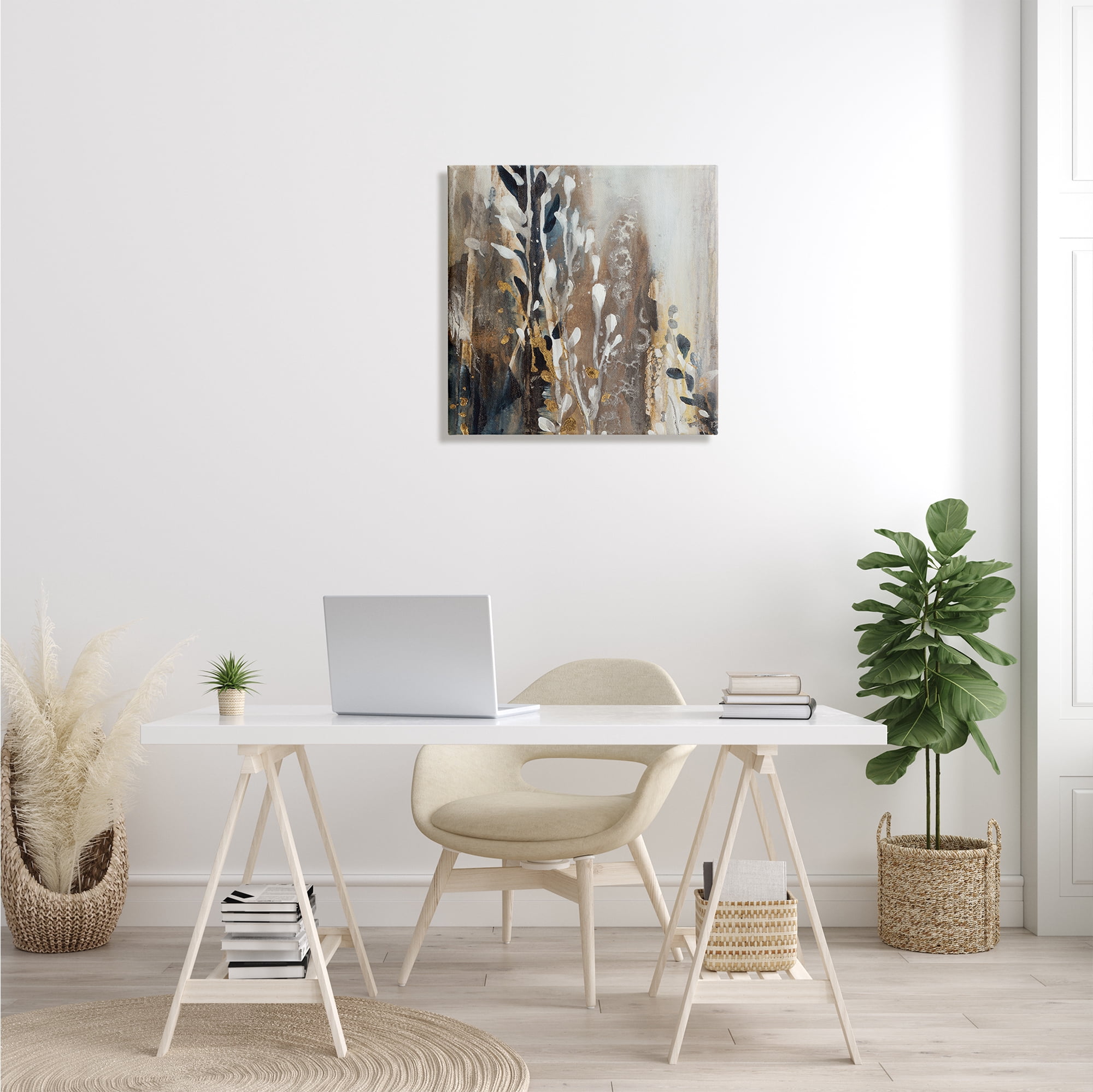 Stupell Industries Modern Abstract Painting Brown Grey White Cascading Plants, 24 x 24, Design by K. Nari