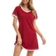 thumbnail image 3 of Camisas de noche Manga corta Cuello en V Bloqueo de color Pijamas cómodos e informales para mujer Vino Rojo XL, 3 of 6