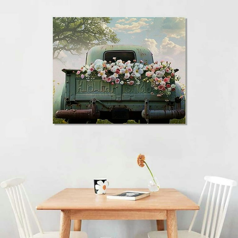 Creowell Sage Green Truck and Flowers Poster - Vintage Farmhouse