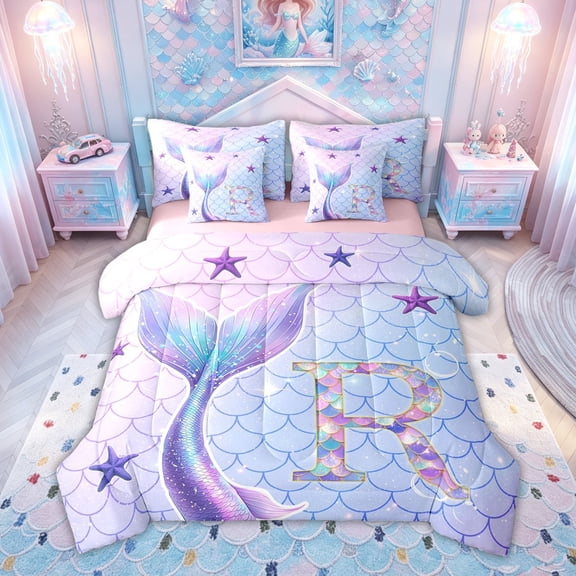 meiyoeat Mermaid Princess Scale Twin Bedding for Girls, Sparkle Initial R Bedding Comforter Set for Kids, Purple Blue, Pink Reversible, 7-Piece