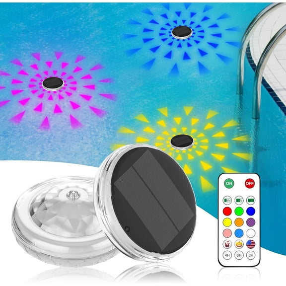 Solar Pool Lights with Remote - 9 Color Changing Modes & Timer, IPX7 Waterproof. Floating Rechargeable Lights for Pools, Bath Tubs, Hot Tubs & Party Decorations - Auto Sunset Sensor