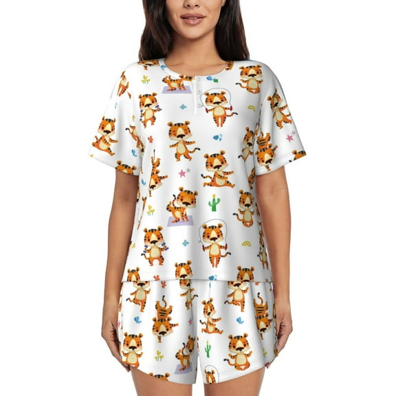 Logiee Tigers go in for Sports Print Womens Pajamas Set,Short-Sleeve Pajama 2 Piece Sleepwear with Pockets-Small