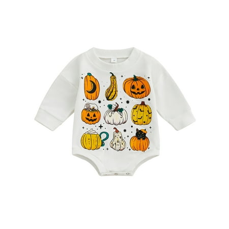 

jaweiwi Baby Boys Girl Romper Long Sleeve Round Neck Halloween Pumpkin Print Loose Crotch Button Romper 3-24M
