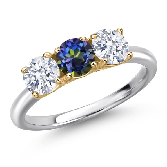 Gem Stone King 925 Silver and 10K Yellow Gold Blue Mystic Topaz and White Zirconia Engagement Ring for Women | 2.00 Cttw | Round 5MM | Gemstone November Birthstone | Size 5