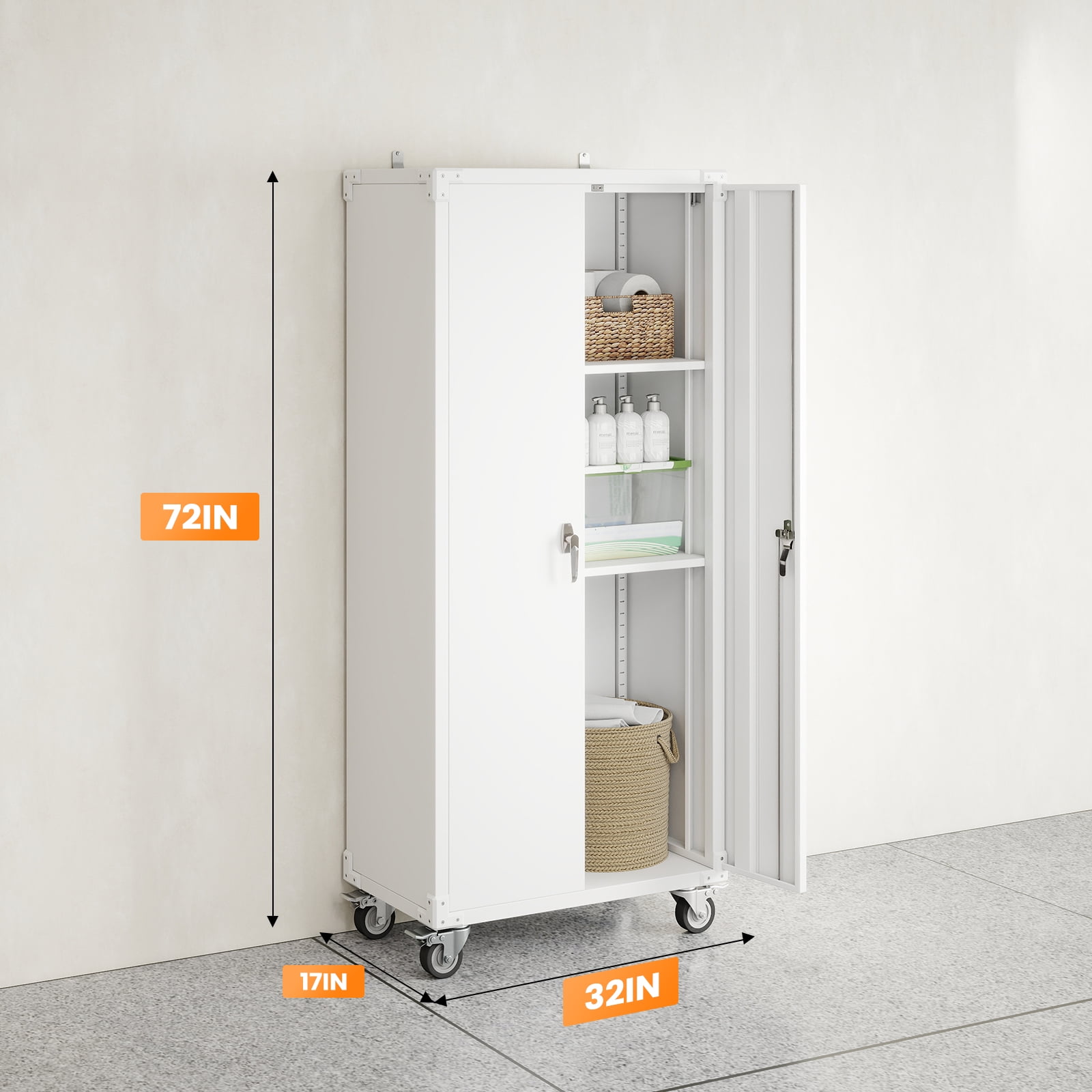 MCQ Metal Broom Storage Cabinet with Lock, Rolling Cleaning Tool Organizer for Mop, Dustpan, Garage, Laundry Room, 4 Lockable Casters, Easy Assembly