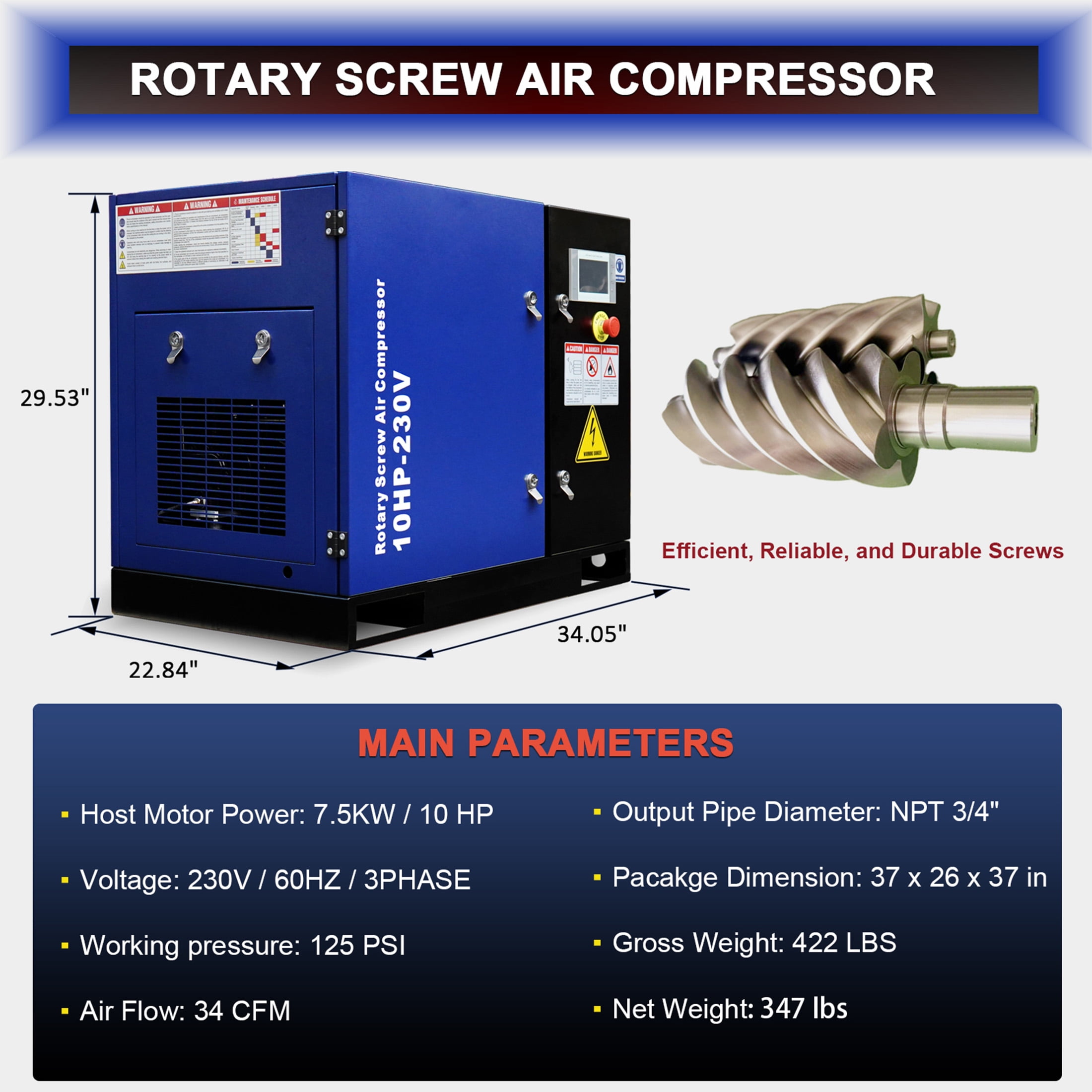 10HP Rotary Screw Air Compressor,  34CFM 125PSI, 230V 60Hz 3-Phase Variable Speed Frequency Industrial Air Compressor System, with PLC Touch Controller, Low Noise, Efficient Cooling System