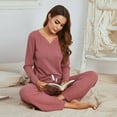 thumbnail image 2 of Women Casual Long Sleeve Pajamas Suit Loose Shirt Pants Set Homewear Nightwear Solid Color Yogawear, 2 of 7