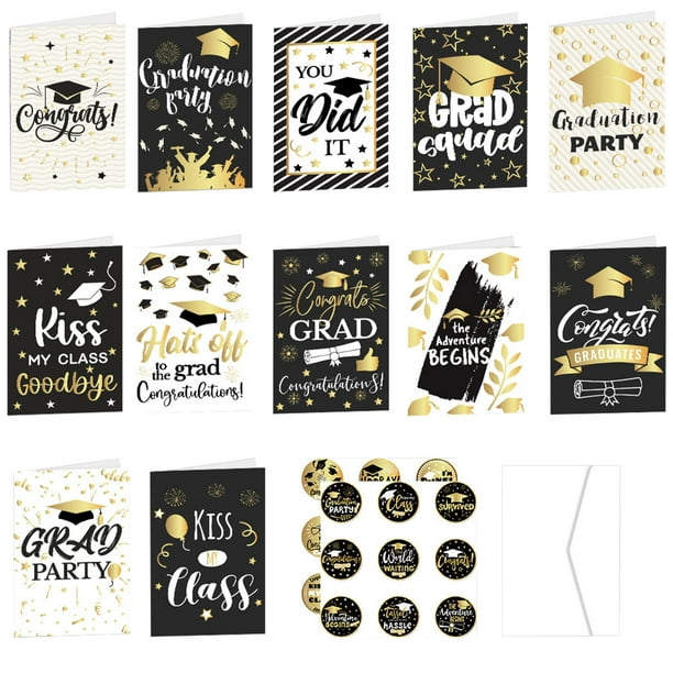 Tarjeta de mensaje de temporada de graduación, surtido de tarjetas de graduación, negro y dorado, felicitaciones con sobre, 12 Uds.