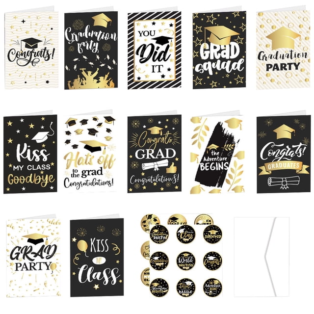precio sorpresa!tarjeta de mensaje de temporada de graduación, surtido de tarjetas de graduación, negro y dorado, felicitaciones con sobre, 12 uds. Paquete de 12 tarjetas 4 x 6 pulg. en negro y dorado con diseños variados; vista frontal en cuadrícula mostrando birretes, estrellas y confeti, acentos en foil dorado (pueden variar por acabado artesanal), tipografías de felicitación, sobres a juego, cartulina premium y interior en blanco para mensajes personalizados; también suelen utilizarse para acompañar regalos o flores en celebraciones de graduación.