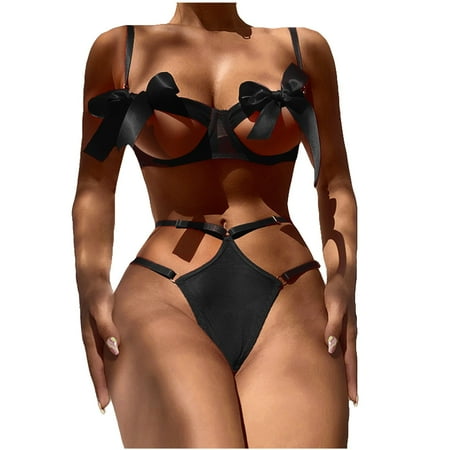 

EHTMSAK Bow Strappy Lingerie Set for Women Teddy Sexy Lingerie Plus Size Babydoll Bra and Panty Sets Black 3XL
