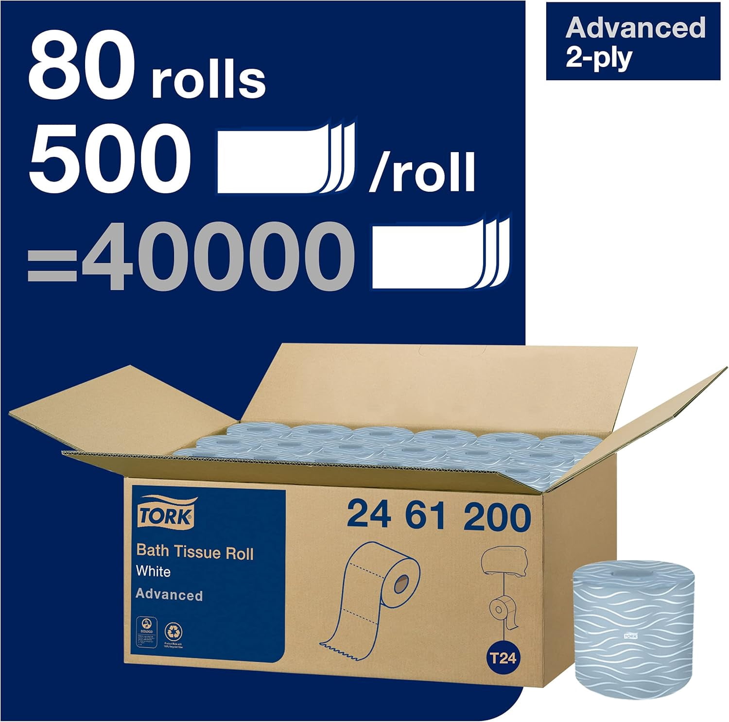 Tork Advanced Toilet Paper, Septic Safe, 2-Ply, White, 4" x 3.75", 500 Sheets/Roll, 80 Rolls/Carton