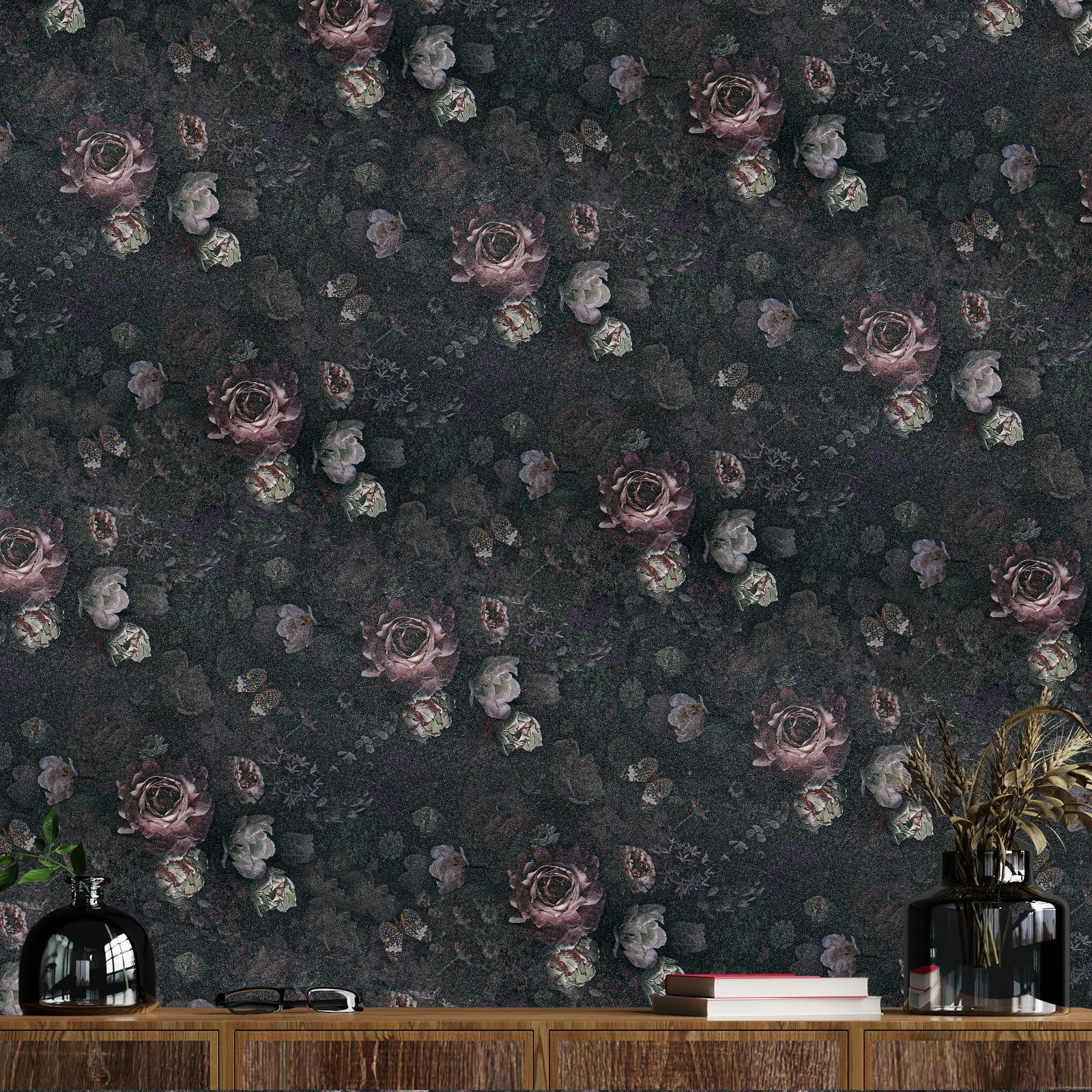 VEELIKE Vintage Dark Floral Peel and Stick Wallpaper 17.7''x354'' Butterflies Peonies Floral Wallpaper Mural Removable Self Adhesive Decorative Black Floral Contact Paper for Bedroom Bathroom Walls