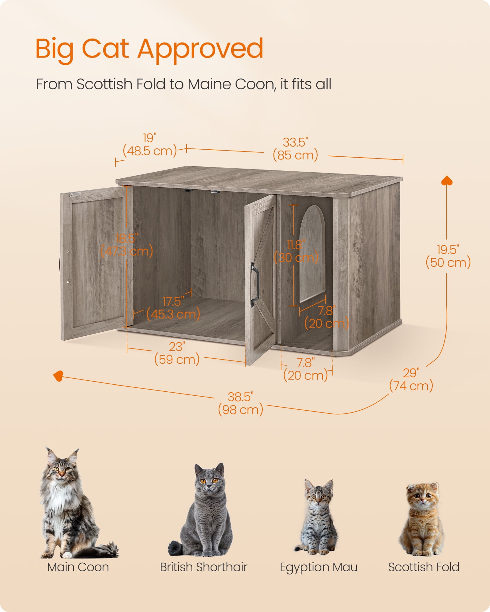 Litter Box Enclosure, Modern Cat Litter Box Furniture Hidden, with Front Entry, Double Doors, Handles, Cat House, Side End Table, 33.5 x 19 x 19.5 Inches, Heather Greige