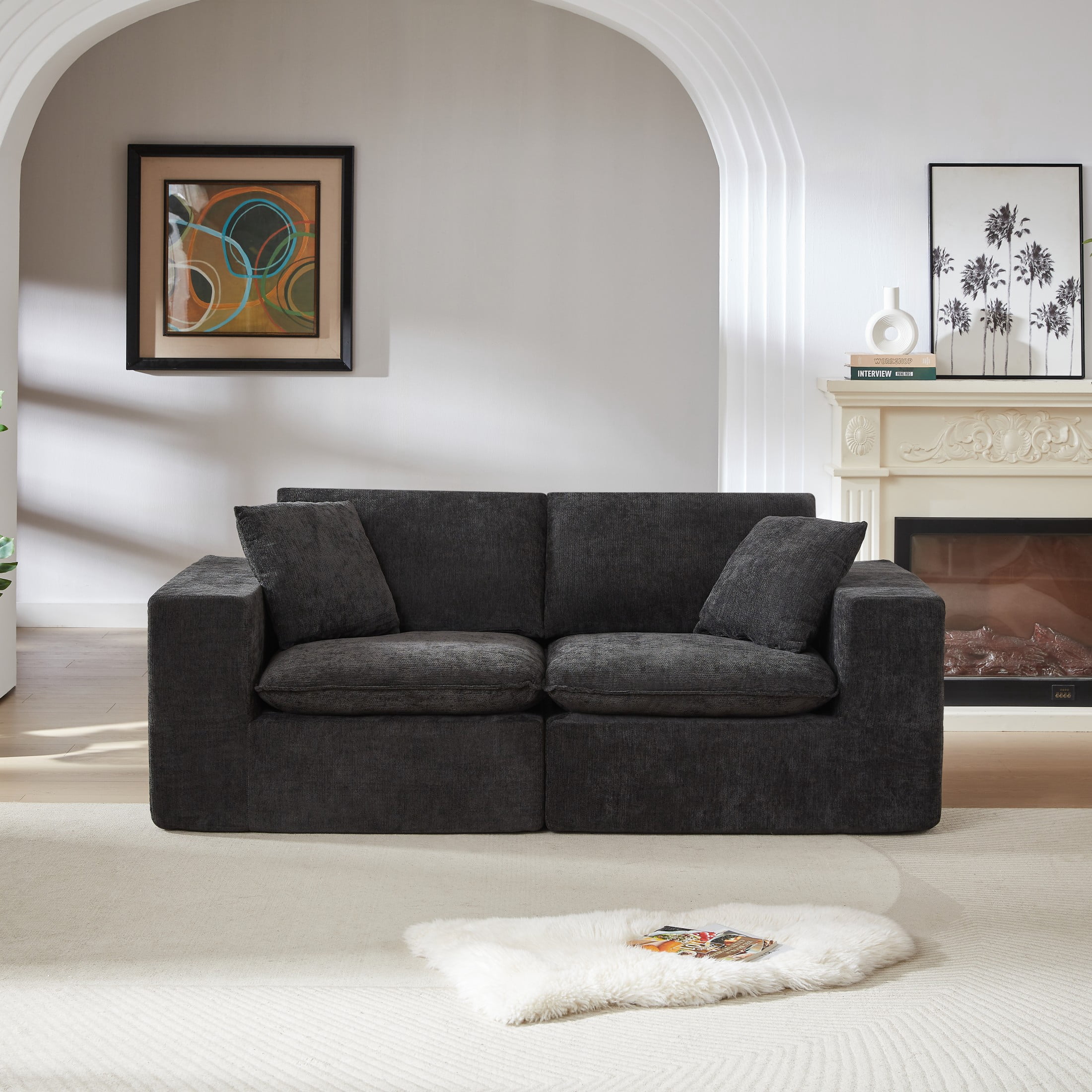 Aukfa 2-Seater Cloud Comfy Sofa, 79" Oversized Deep Seat Chenille Upholstered Loveseat, Modern Modular Couch for Living Room Bedroom, Black